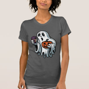 Spooky Ghost with Coffee and Pumpkin Halloween T-Shirt