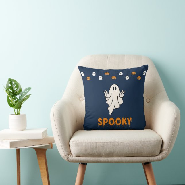 Spooky Ghost with Jack-O' Lanterns Blue Halloween Cushion (Chair)