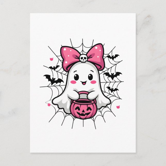 Spooky Ghost with Pink Bow Breast Cancer Awareness Postcard (Front)
