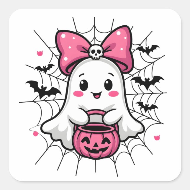 Spooky Ghost with Pink Bow Breast Cancer Awareness Square Sticker (Front)