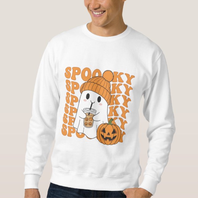  Spooky Ghost with Pumpkin Drink Halloween Tee (Front)