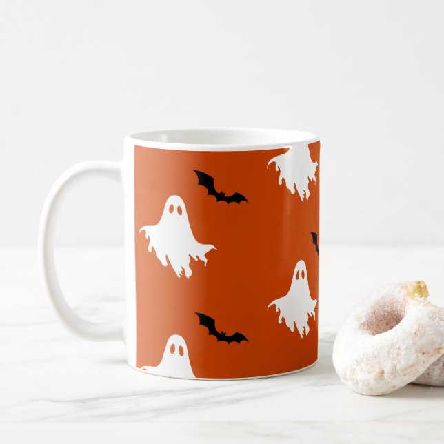 Spooky Ghosts and Bats Pattern  Coffee Mug (With Donut)