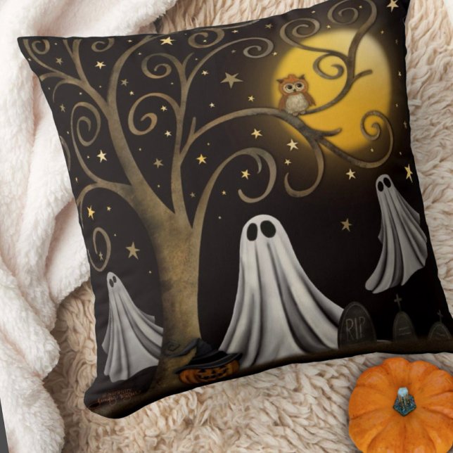 Spooky Ghosts Halloween Night Moon Tree  Cushion (Scary ghosts Halloween Inspirivity pillow. )