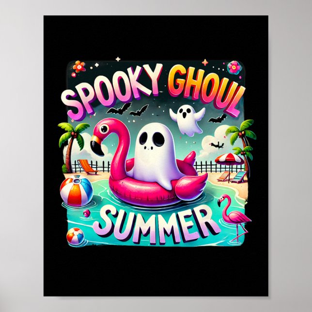 Spooky Ghoul Summer Cute Ghost Flamingo Hello Summ Poster (Front)