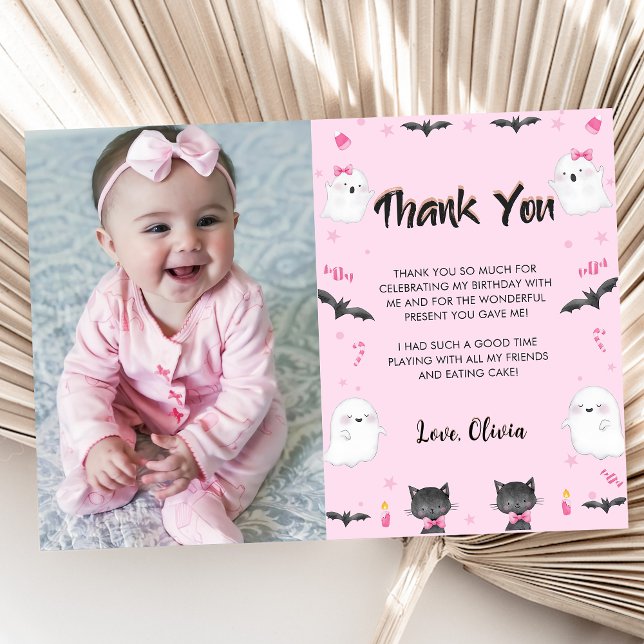 Spooky Girl Halloween Birthday Party Photo  Thank You Card (Creator Uploaded)