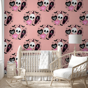 Spooky Girl Pink Goth Halloween Seamless Pattern Wallpaper