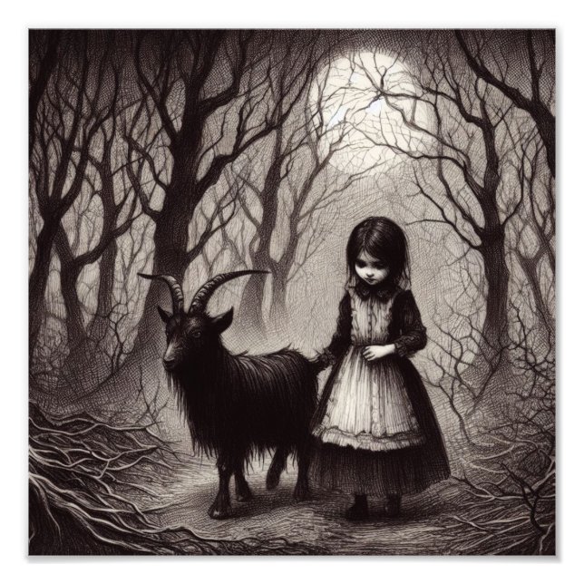 Spooky Girl With Goat Black Phillip Haunted Forest Photo Print (Front)