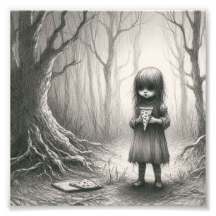 Spooky Girl with Pizza Horror Creepy Illustration Photo Print