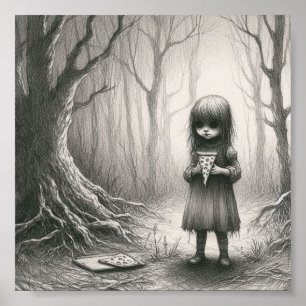 Spooky Girl with Pizza Horror Creepy Illustration Poster