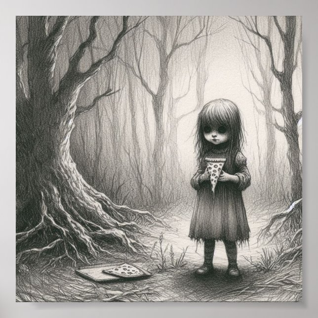 Spooky Girl with Pizza Horror Creepy Illustration Poster (Front)