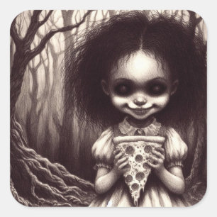 Spooky Girl with Pizza Horror Creepy Illustration Square Sticker
