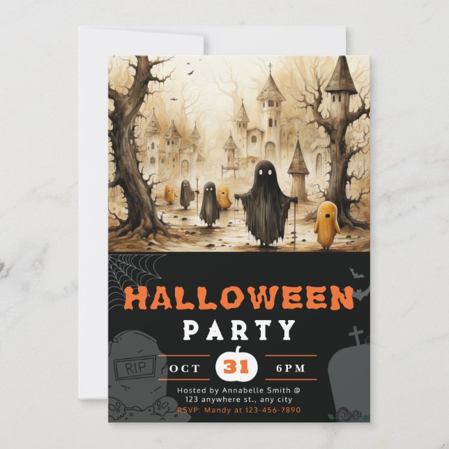 Spooky Gold and Black Ghosts Spirits Halloween Invitation (Front)