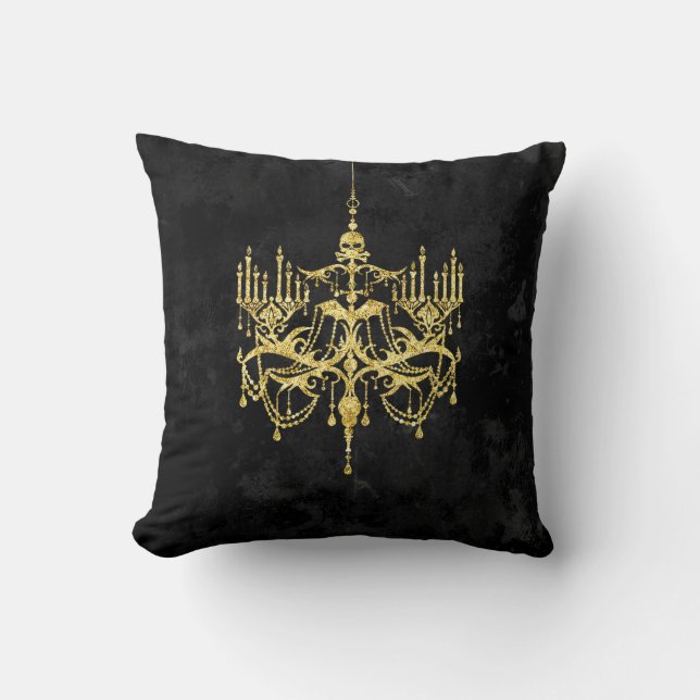 Spooky Gold Chandelier on Black | Faux Glitter Cushion (Front)
