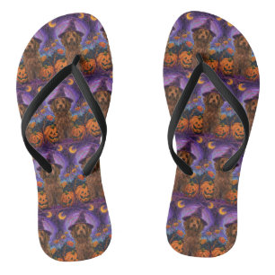 Spooky Goldendoodle Dog Halloween Witch Pumpkin Jandals