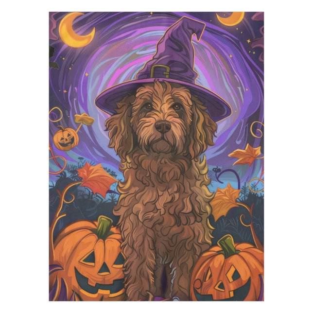 Spooky Goldendoodle Dog Halloween Witch Pumpkin Tablecloth (Front)