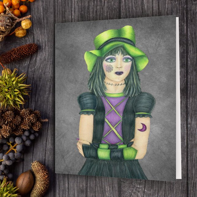 Spooky Goth Girl Green Hat Purple Black Dress Grey Card (Creator Uploaded)