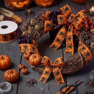 Spooky Goth Halloween Scarecrow Pumpkin Cornfield Satin Ribbon