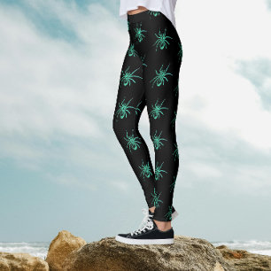 Spooky Goth Spiders Green Black Halloween Pattern Leggings