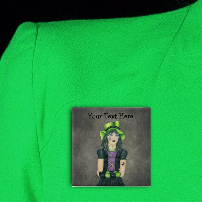 Spooky Goth Teen Girl Green Hat Tattoos Grey 15 Cm Square Badge (Gothic teen girl spiderweb, moon Tattoos green hat on dark grey with glowing green pin back button.)