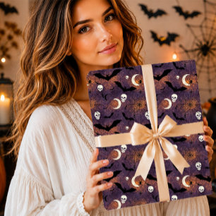 Spooky Gothic Bats and Skulls Purple Orange Wrapping Paper