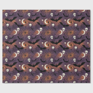 Spooky Gothic Bats and Skulls Purple Orange Wrapping Paper