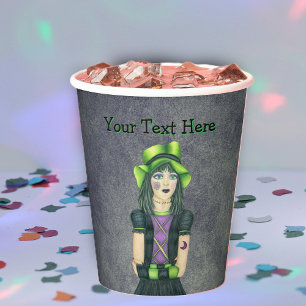 Spooky Gothic Girl Tattoos Green Hat Glowing Grey Paper Cups