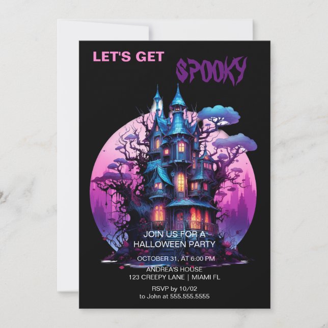 Spooky Gothic Haunted House Halloween Black Invitation (Front)
