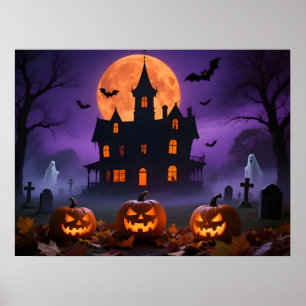 Spooky Gothic Manor with Ghosts and Graveyard Poster