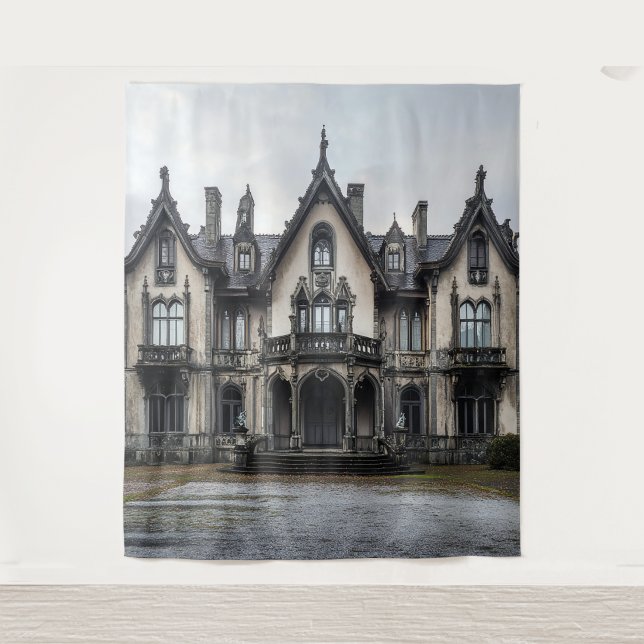 Spooky Gothic Mansion Wedding Photo Backdrop Tapestry (Front)