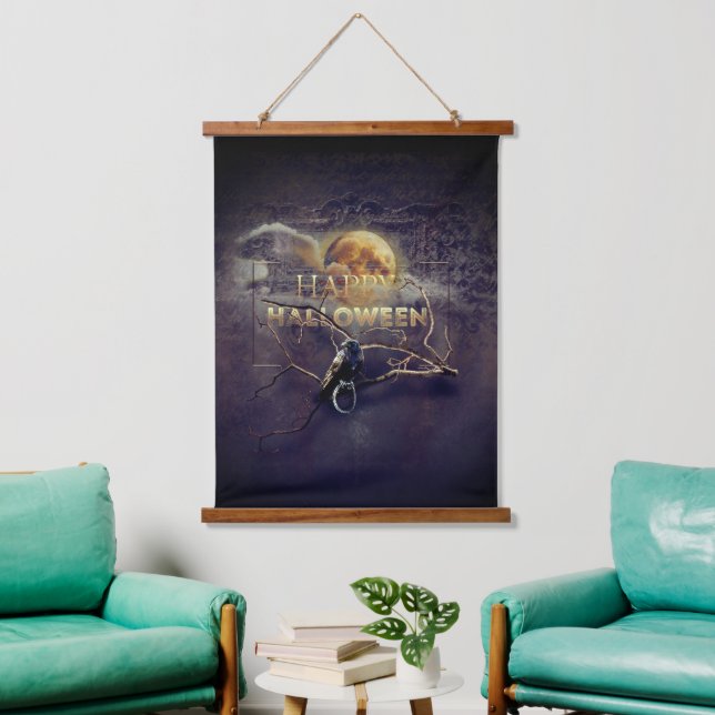 Spooky Gothic Raven In Full Moon Adult Halloween Hanging Tapestry (Living Room)