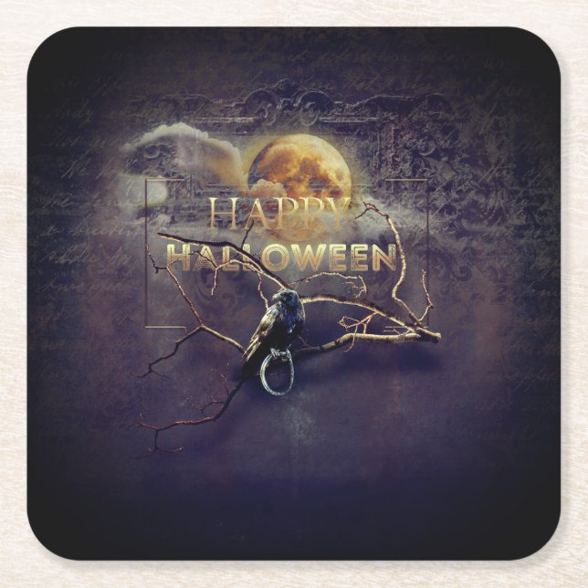 Spooky Gothic Raven In Full Moon Adult Halloween Square Paper Coaster (Front)