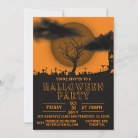 Spooky graveyard full moon Halloween Party Invitat