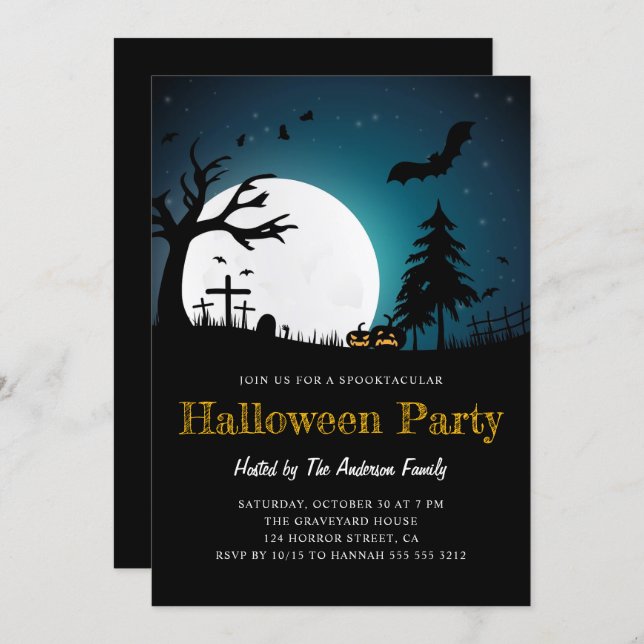 Spooky Graveyard Midnight Halloween Party Invitati Invitation (Front/Back)