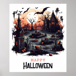 Spooky graveyard, pumpkin skulls and bats poster