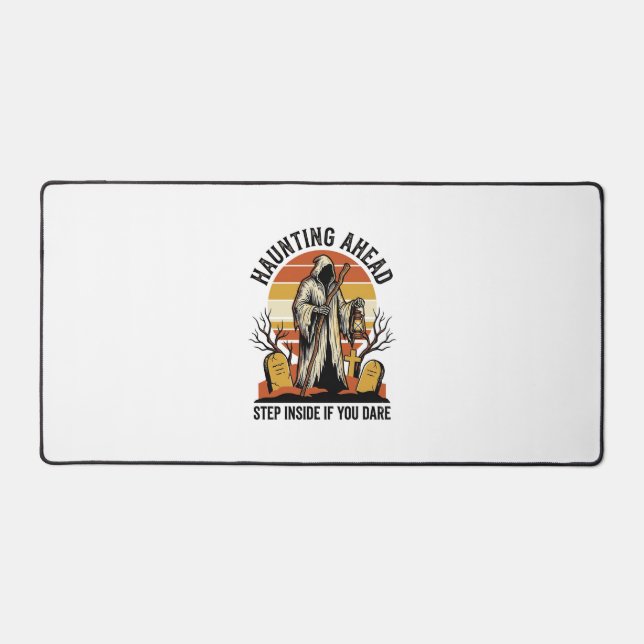 Spooky Graveyard Shirt with Haunted Sunset Reaper  Desk Mat (Front)