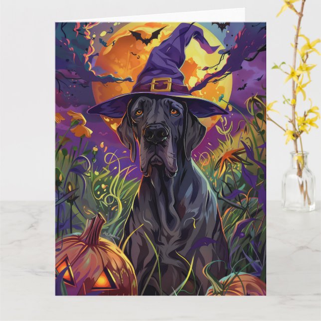 Spooky Great Dane Dog Halloween Witch Pumpkin Card (Yellow Flower)