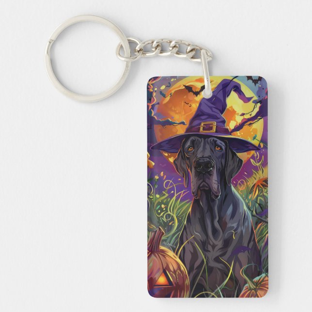 Spooky Great Dane Dog Halloween Witch Pumpkin Key Ring (Front)