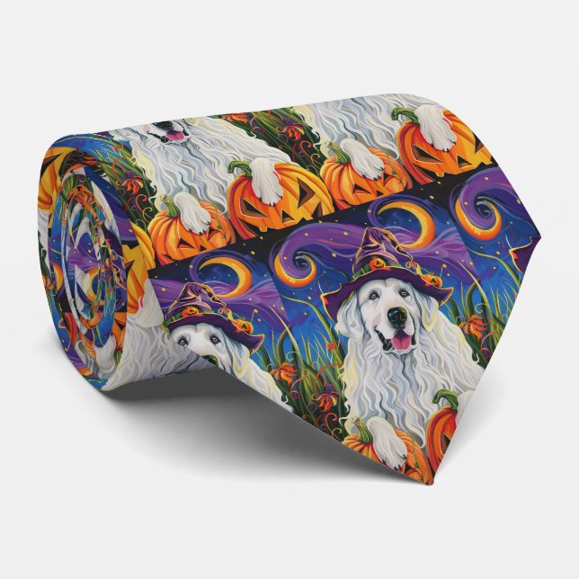 Spooky Great Pyrenees Dog Halloween Witch Pumpkin Tie (Rolled)
