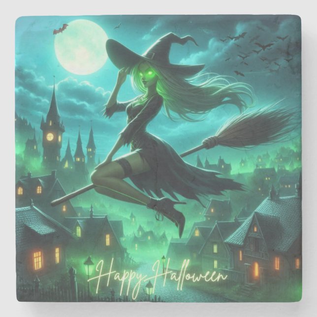 Spooky green aura Halloween witch Stone Coaster (Front)