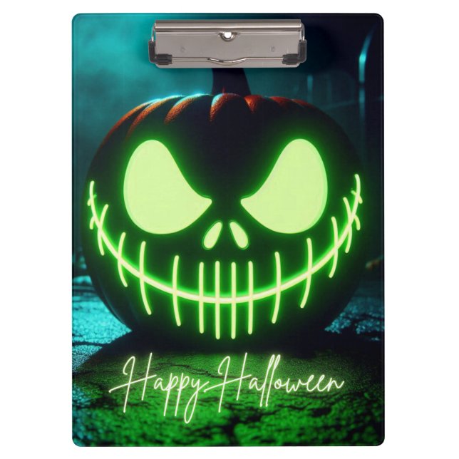 Spooky green glowing Halloween pumpkin Clipboard (Front)
