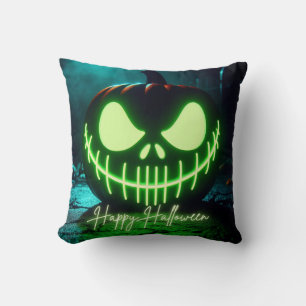 Spooky green glowing Halloween pumpkin Cushion