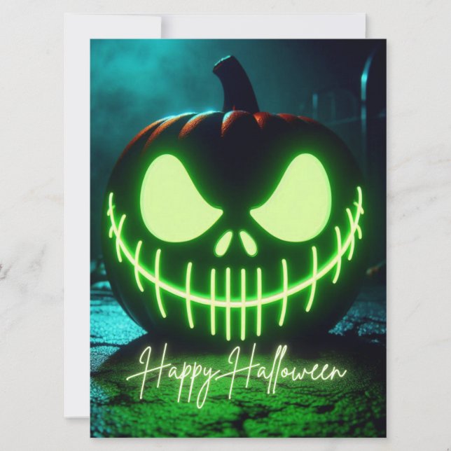 Spooky green glowing Halloween pumpkin Holiday Card (Front)