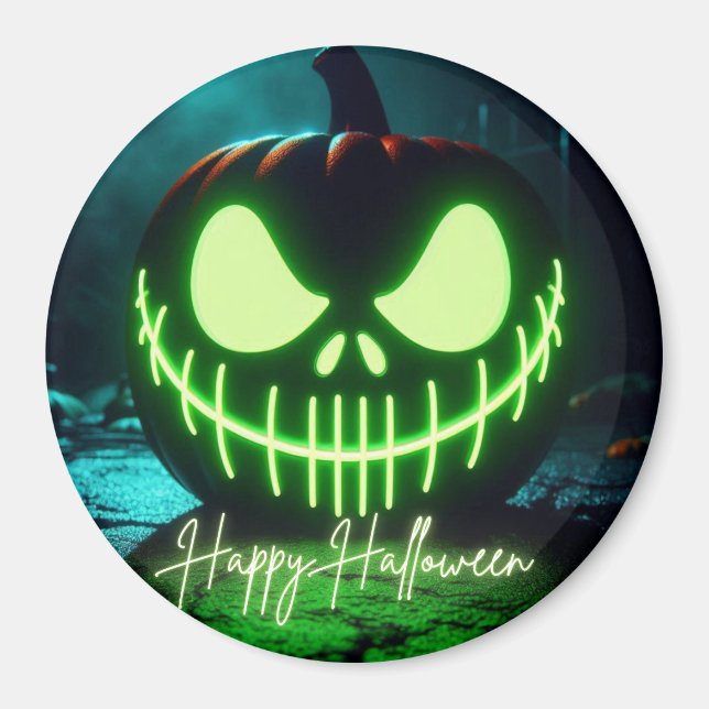 Spooky green glowing Halloween pumpkin Magnet (Front)