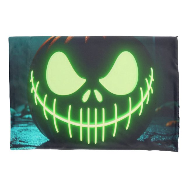 Spooky green glowing Halloween pumpkin Pillowcase (Front)