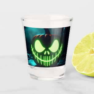 Spooky green glowing Halloween pumpkin Shot Glass