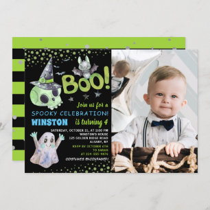 Spooky Green Skull Boy Halloween Birthday Photo Invitation