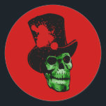 Spooky Green Skull with Top Hat Classic Round Sticker<br><div class="desc">A green creepy skull in a black top hat,  with a splatter of red.  Spooky for Halloween!  Fully customisable too,  in case you want to add your own text,  change background colours,  or move elements around.  Make it yours,  make it unique,  make it scary!!</div>
