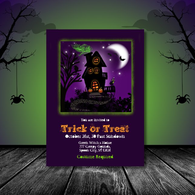 Spooky Green Witch Haunted House Halloween Party Invitation (Creator Uploaded)
