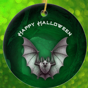 Spooky Grey Bat in Flight Green Haunted Cave Ceramic Tree Decoration
