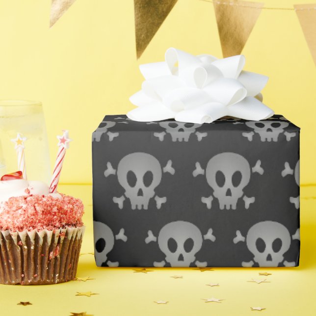Spooky Grey & Black Halloween Skull Pattern  Wrapping Paper (Birthday Party)